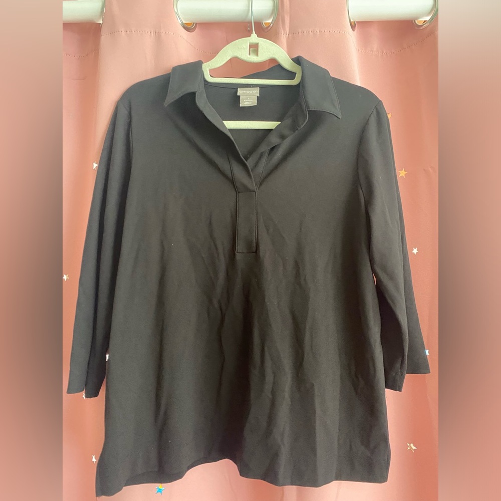 Chico’s Black Collar V-neck Pullover Shirt Blouse Sz 1 (US 8) EUC